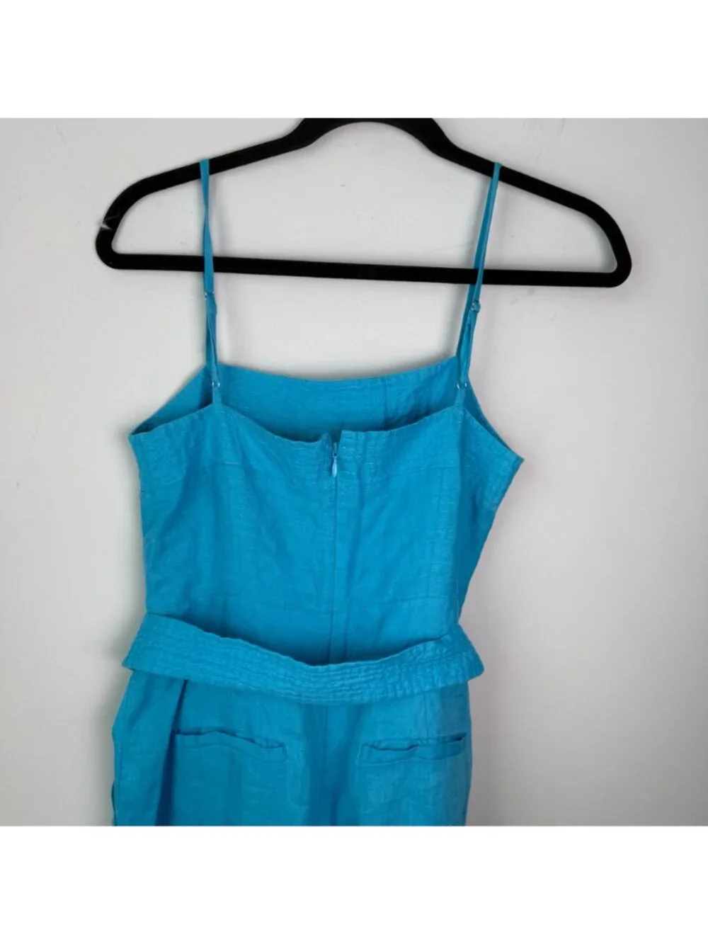 J. Crew Tie Waist 100% Linen Wide Leg Cropped Jumpsuit Blue Sz 2 Preppy Coastal